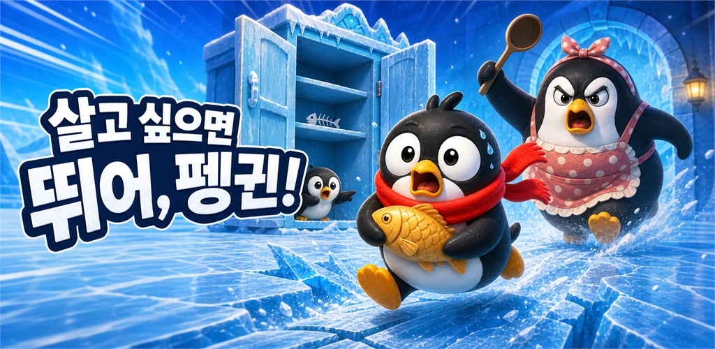 냉장고에서 물고기를 훔쳐 달아나는 펭귄과 뒤쫓는 엄마 펭귄